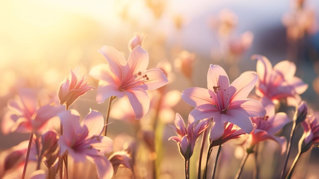 Os raios do sol caindo sobre as flores cor-de-rosa brancas que crescem num prado o pôr-do-sol as flores em flor são um símbolo da primavera e da nova vida