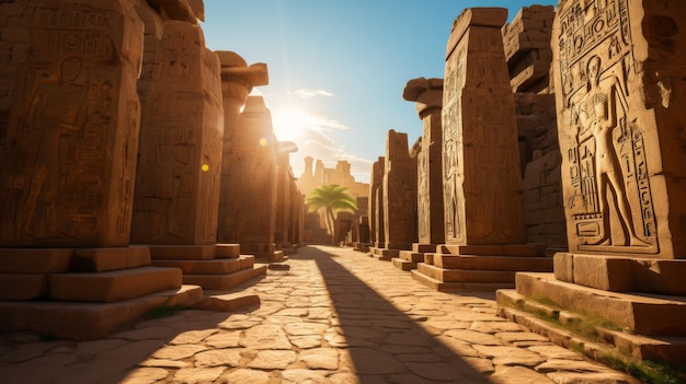 Os raios do sol iluminando as antigas ruínas do Egito criando uma cena mística e hipnotizante