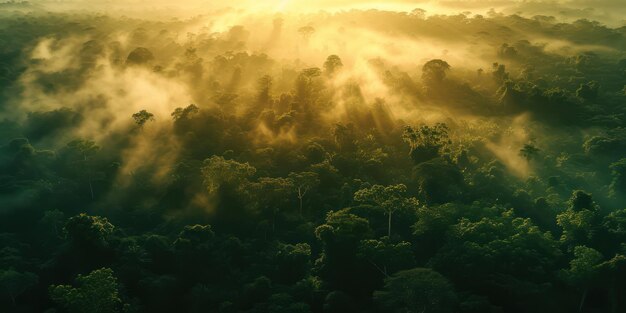 Os raios místicos do sol penetram na floresta verde e nebulosa ao amanhecer.