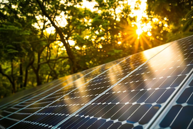 Foto os raios solares filtrando através da densa floresta para iluminar o painel solar em close-up