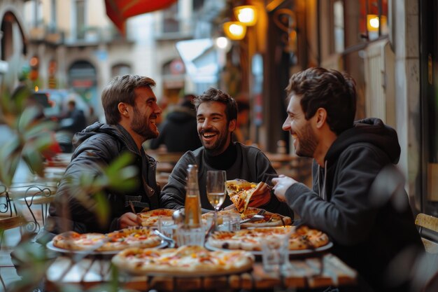 Os rapazes estão a desfrutar de uma pizza muito boa.