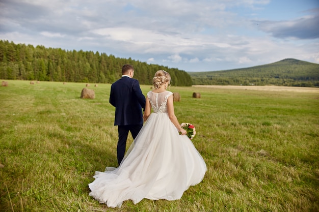 Os recém-casados andam e relaxam no campo