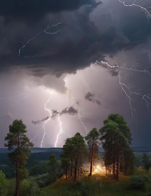 Foto os relâmpagos brilham no céu e as árvores balançam no vento.