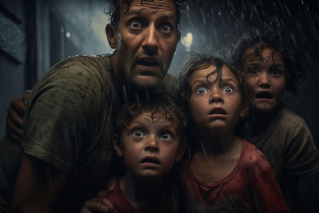 Os rostos das famílias numa cave durante um tornado