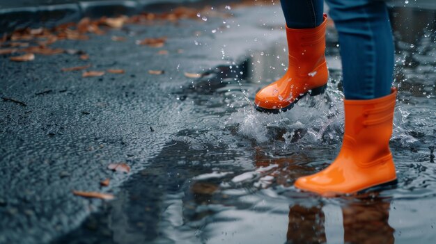 Os salpicos brincalhões das vibrantes botas de chuva laranja evocam uma dança alegre numa rua urbana chuvosa