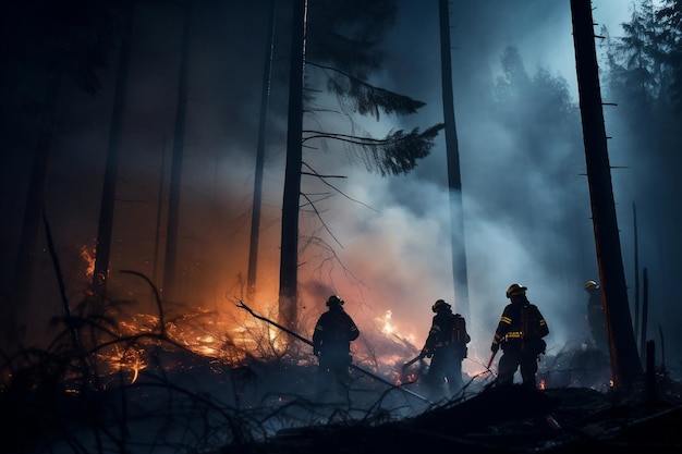 Os sapadores-bombeiros estão pulverizando a água em um incêndio na floresta Generative Ai