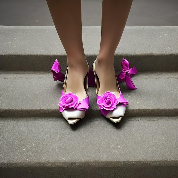 Os sapatos de uma mulher com flores roxas estão em um degrau.