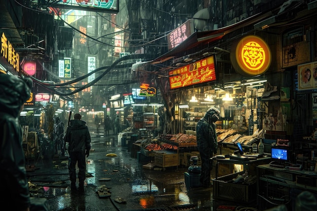 Foto os sinais de néon do movimentado mercado cyberpunk iluminam uma variedade de bens tecnológicos onde os moradores navegam através da multidão imersos na energia eletrizante do comércio futurista