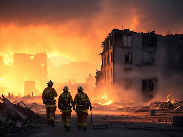 Foto os socorristas tentam resgatar os escombros dos edifícios e a destruição da guerra