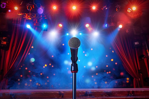 Os spotlights coloridos do ambiente do teatro iluminam o palco com a presença do microfone