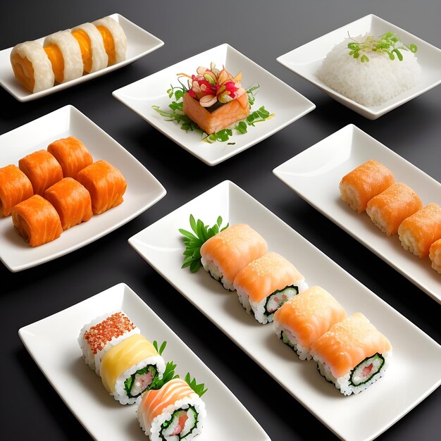 Foto os sushi são baixos em calorias e contêm peixes e frutos do mar nutritivos, vegetais frescos e ia generativa.