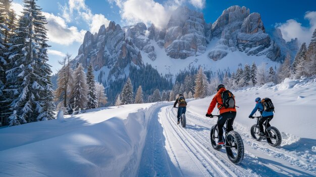 Foto os sussurros do inverno viajam de bicicleta por trilhas geladas e pela serenidade das montanhas nevadas