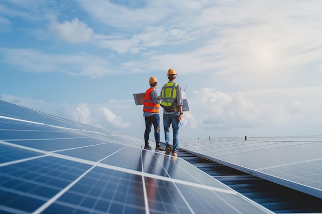 Os técnicos engenheiros serviço anual de manutenção preventiva de células solares no telhado da fábrica sob a luz do sol da manhã O conceito de energia verde e limpa Produção de conceito de energia renovável