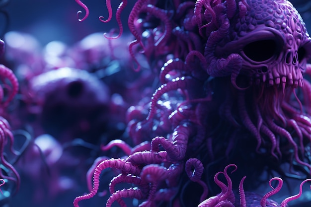 Os tentáculos do polvo roxo estão ligados a uma cabeça do crânio.