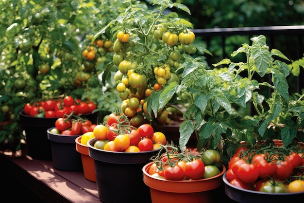 Os tomates na varanda, inclusive os tomates, são cultivados em vasos.