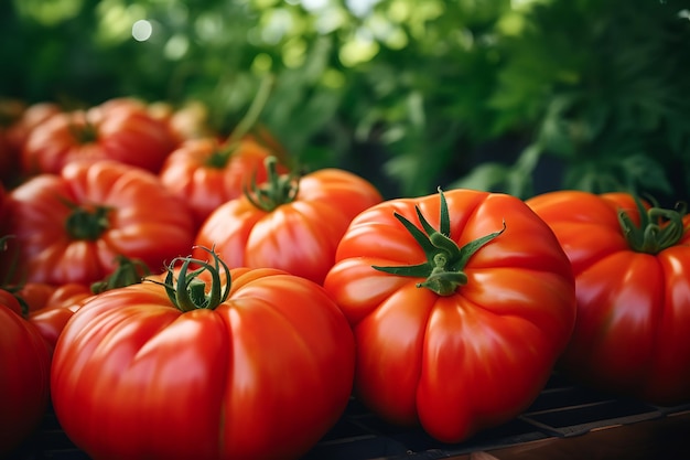 Os tomates vermelhos maduros estão no fundo da folhagem verde