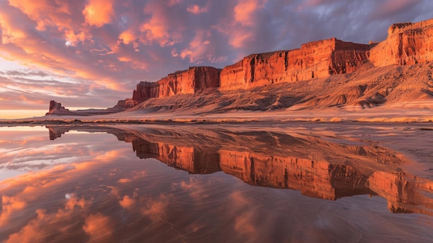 Os tons do pôr-do-sol dançam enquanto os penhascos da costa se refletem na praia, criando uma cativante vista do crepúsculo