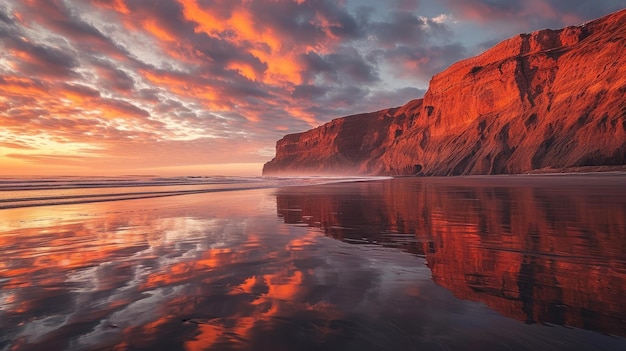 Os tons do pôr-do-sol dançam enquanto os penhascos da costa se refletem na praia, criando uma cativante vista do crepúsculo