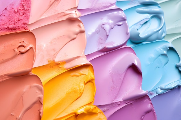 Os tons multicoloridos de pastel e néon colidem com o fundo colorido e brilhante