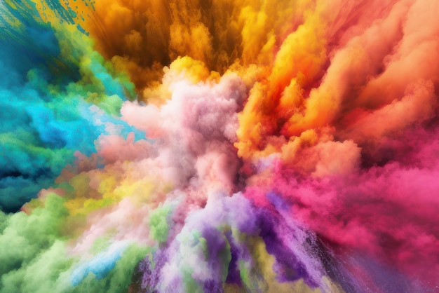 Os tons vibrantes do arco-íris são explorados em um colorido nube de pó de pintura Holi