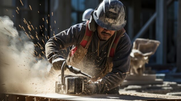 Foto os trabalhadores usam ferramentas elétricas em todas as pausas de concreto no canteiro de obras