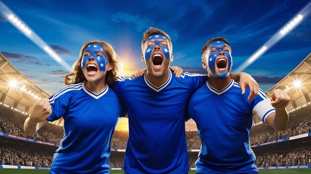 Foto os três fãs de futebol cantando o hino nacional sobre o azul