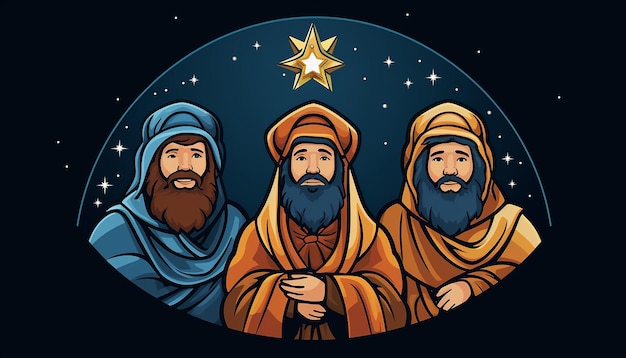 Foto os três magos do oriente visitaram o menino jesus no fundo, numa noite com estrelas no corpo.