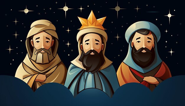 Os três magos do oriente visitaram o menino jesus no fundo uma noite com estrelas cheias de corpo