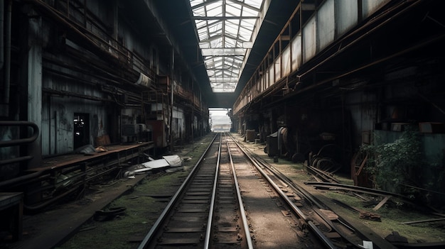 os trilhos da fábrica abandonada estão em um prédio escuro e abandonado.