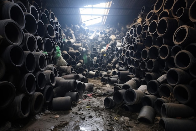 Foto os tubos de polietileno de alta densidade hdpe estão cobertos de poeira na sala de armazenamento