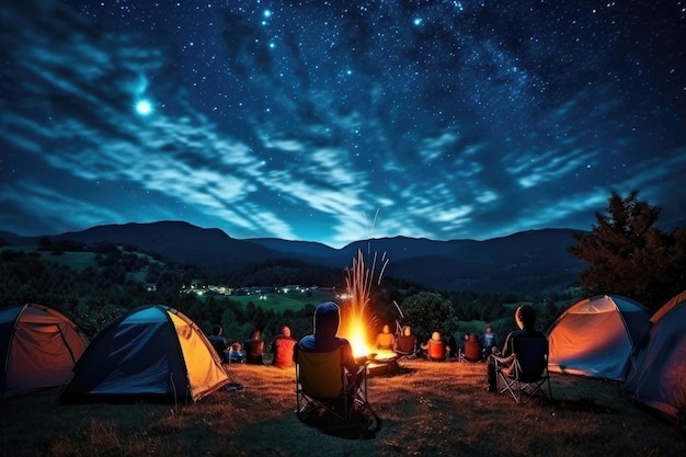 Os turistas sentam-se ao redor de uma fogueira brilhante perto de tendas sob um céu noturno