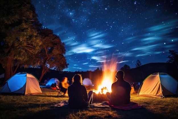 Os turistas sentam-se ao redor de uma fogueira brilhante perto de tendas sob um céu noturno