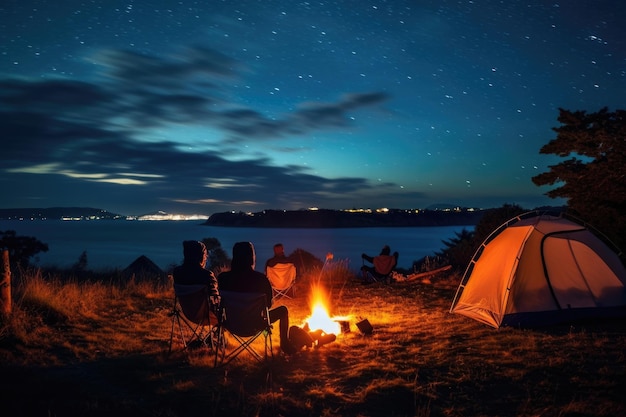 Os turistas sentam-se ao redor de uma fogueira brilhante perto de tendas sob um céu noturno
