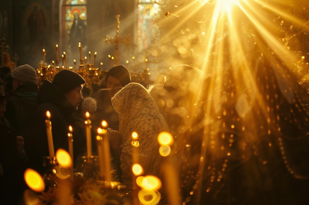 Os ucranianos celebram a Páscoa ortodoxa perto da igreja em maio. A lente é amarela e dourada.