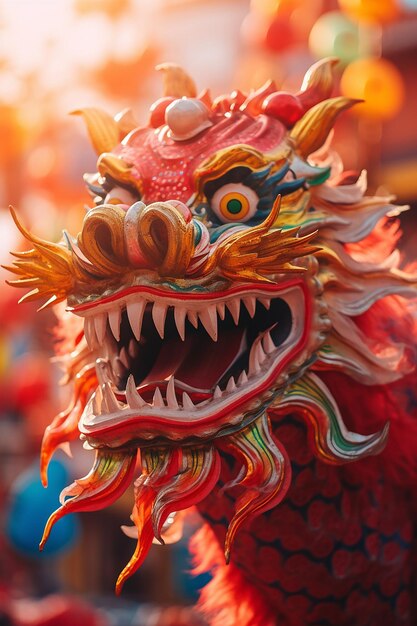Foto os vermelhos e dourados vibrantes de uma apresentação tradicional de dança do dragão no ano novo chinês