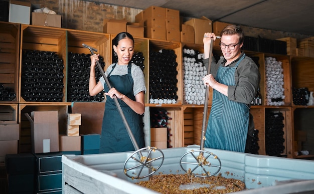 Os vinicultores misturam e agitam as uvas durante o processo de vinificação dentro de uma destilaria Os proprietários das adegas usam uma ferramenta de aço para espremer o suco da fruta antes da fermentação para fazer álcool