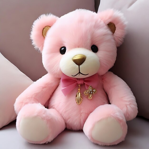 Foto osa de peluche rosadas con lazo dorado con dije flor de liss gerado pela ia