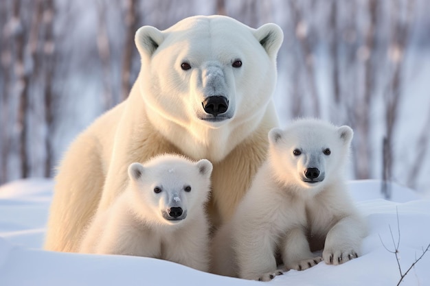 Osa polar con sus cachorros en un fondo nevado