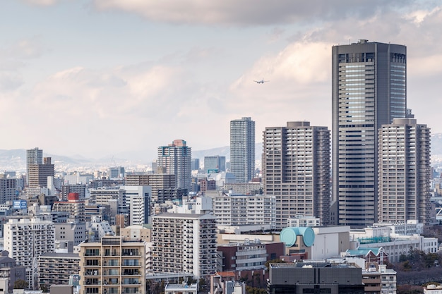 Osaka, Japão - 21 de fevereiro de 2014: vista da cidade de Osaka com a montanha ao fundo disparada do Castelo de Osaka.