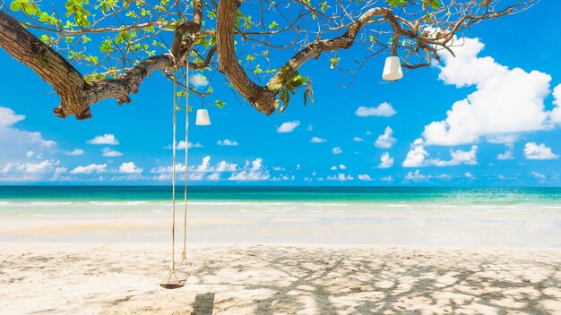 Oscilación que cuelga en árbol en la playa blanca de la arena, situada Koh Chand Island, Tailandia