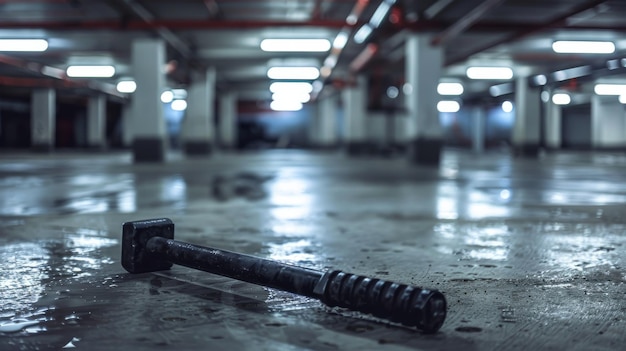 Oscura atmósfera escena del crimen Crowbar en el suelo de hormigón húmedo estacionamiento abandonado