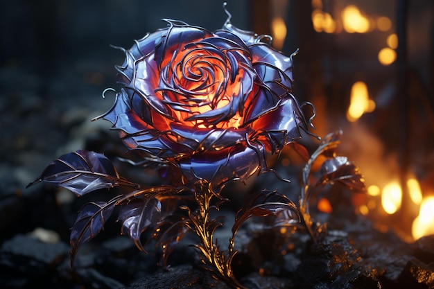 Oscura y futurista, una rosa metálica florece en un mundo cyberpunk