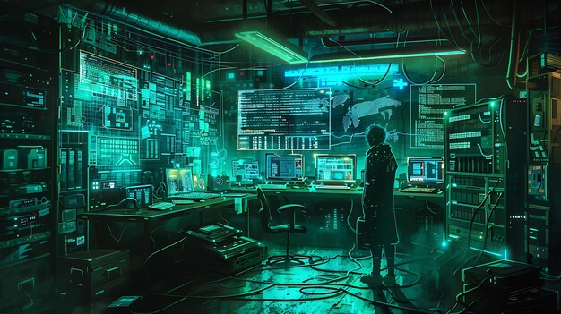 Una oscura y misteriosa guarida de hackers. La habitación está llena de computadoras, servidores y otros equipos electrónicos.