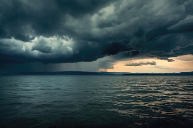 Oscuras nubes de tormenta reunidas sobre un mar en calma creado con IA generativa