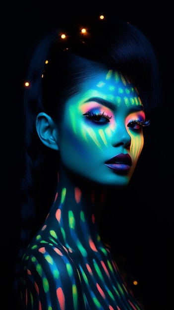 En la oscuridad se muestra una mujer con una luz de colores en el rostro.