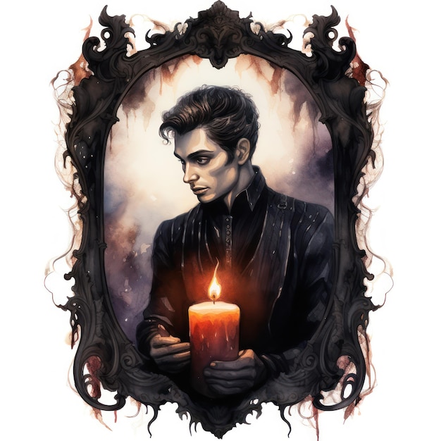 Foto oscuro y elegante hombre vampiro acuarela clipart con marco adornado y luz de vela