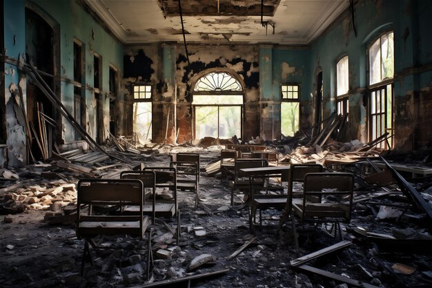 Oscuro y espeluznante gimnasio en ruinas en una escuela abandonada