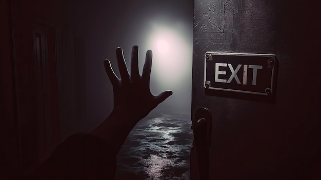 Foto oscuro horror espeluznante ominoso pasillo débilmente iluminado con la mano extendiéndose hacia la puerta del letrero de salida