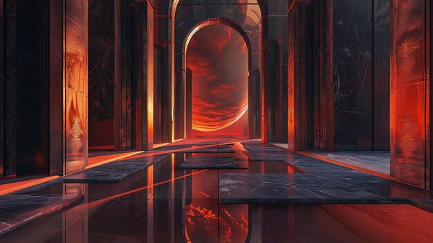 El oscuro y misterioso interior iluminado en rojo de un templo o estructura de otro mundo