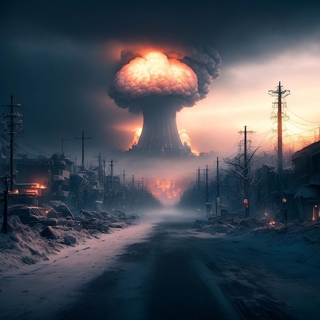 Un oscuro paisaje invernal con una explosión nuclear en el cielo